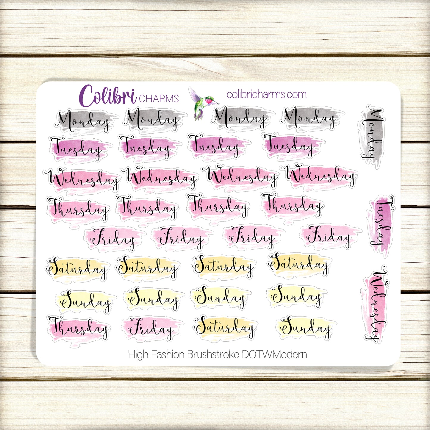 High Fashion Brushstroke Days of the Week Planner Stickers | Colorful Watercolor DOTW | Number Stickers | Date Dots