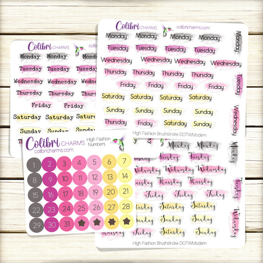 High Fashion Brushstroke Days of the Week Planner Stickers | Colorful Watercolor DOTW | Number Stickers | Date Dots