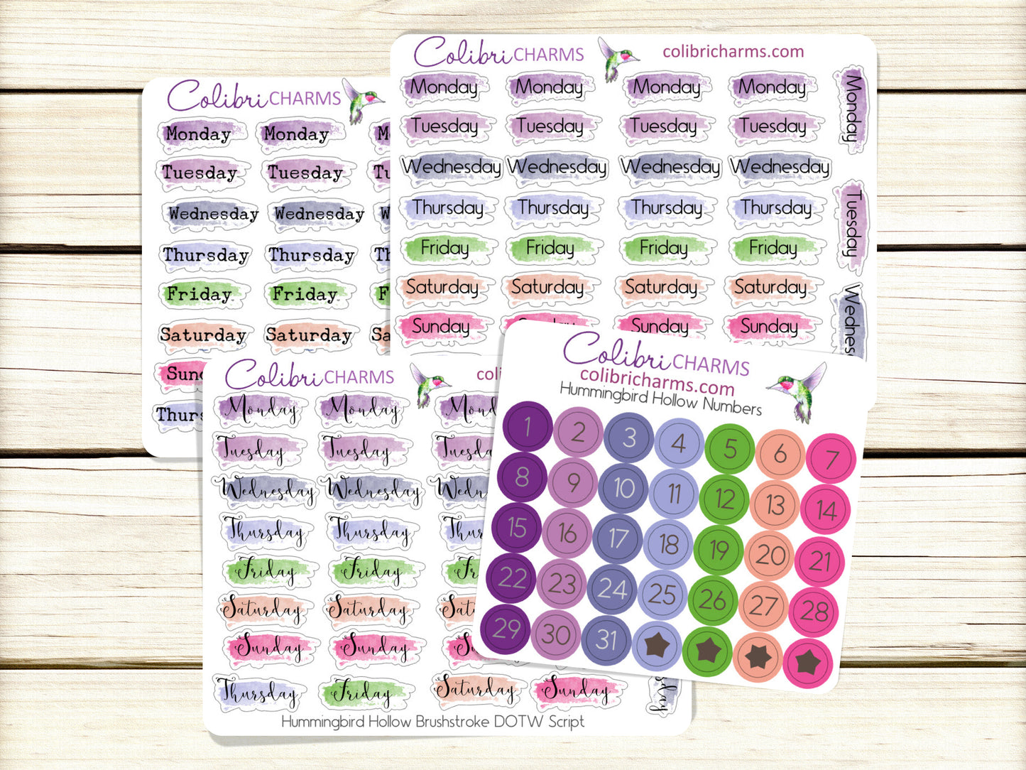 Hummingbird Hollow Brushstroke Days of the Week Planner Stickers | Summer Colorful Watercolor DOTW | Number Stickers | Date Dots