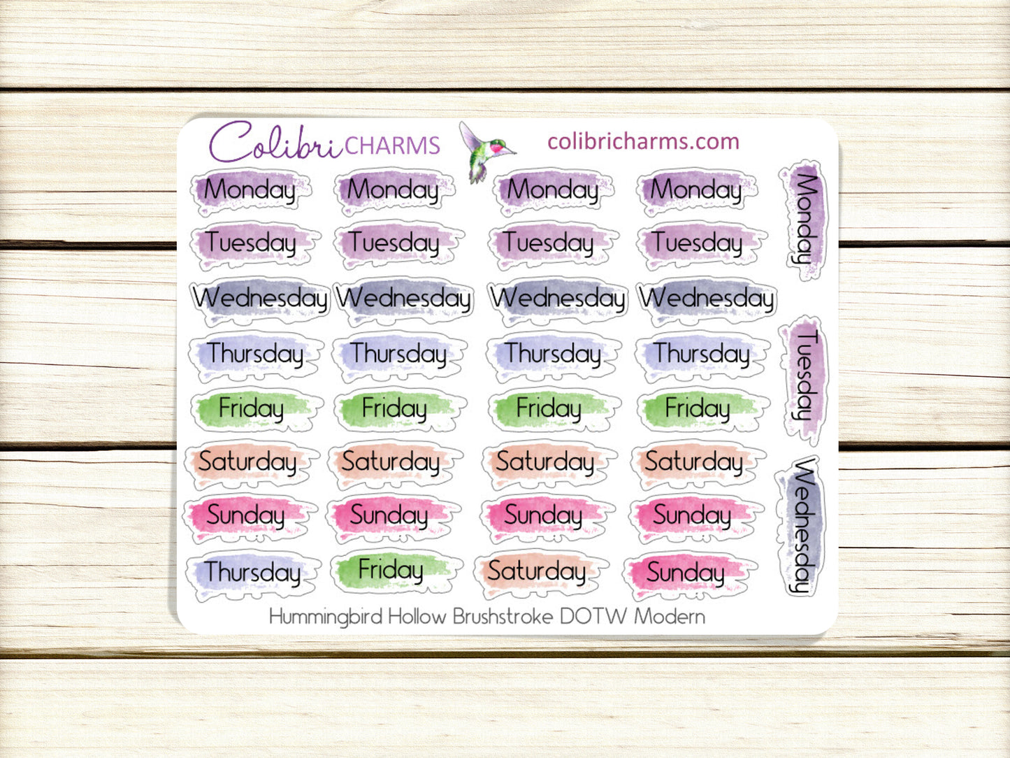 Hummingbird Hollow Brushstroke Days of the Week Planner Stickers | Summer Colorful Watercolor DOTW | Number Stickers | Date Dots