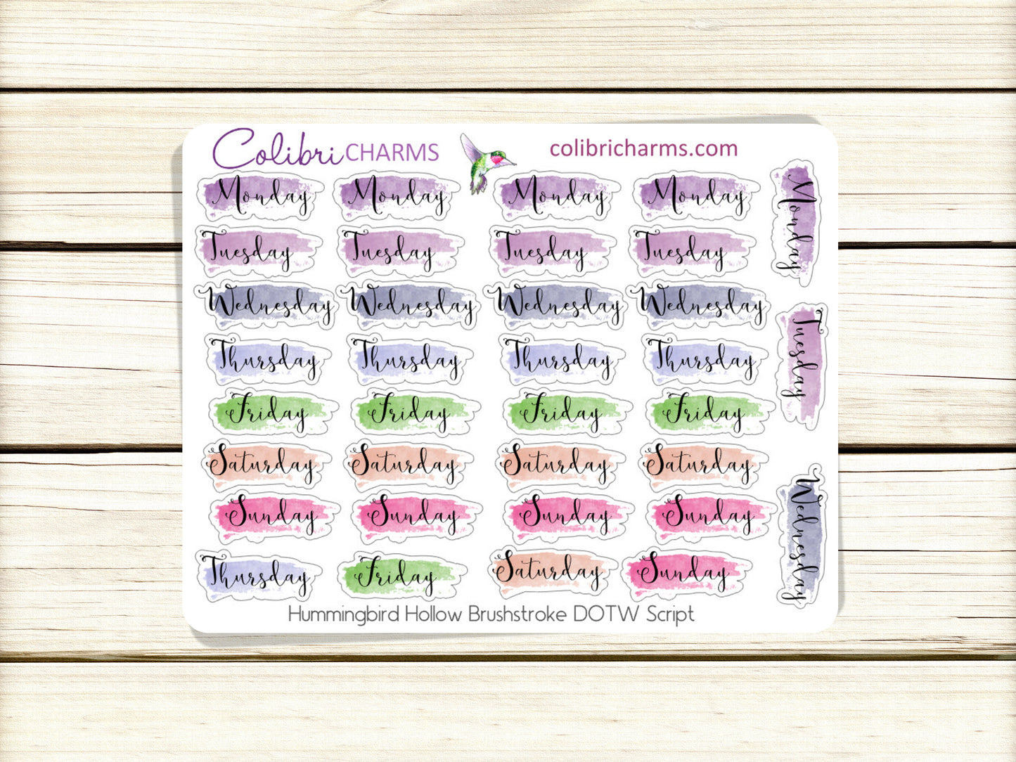 Hummingbird Hollow Brushstroke Days of the Week Planner Stickers | Summer Colorful Watercolor DOTW | Number Stickers | Date Dots