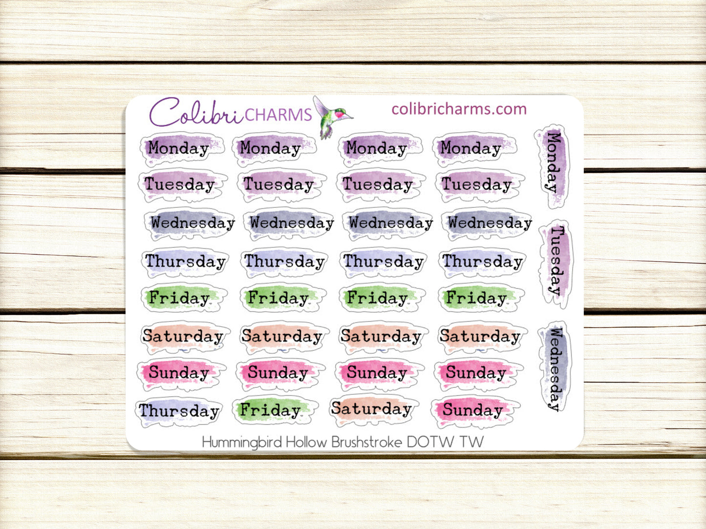 Hummingbird Hollow Brushstroke Days of the Week Planner Stickers | Summer Colorful Watercolor DOTW | Number Stickers | Date Dots