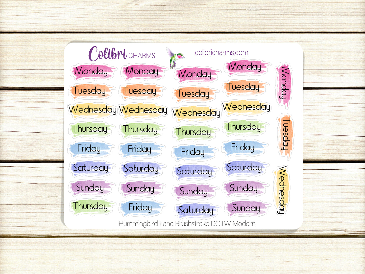 Hummingbird Lane Brushstroke Days of the Week Planner Stickers | Colorful Watercolor DOTW | Number Stickers | Date Dots