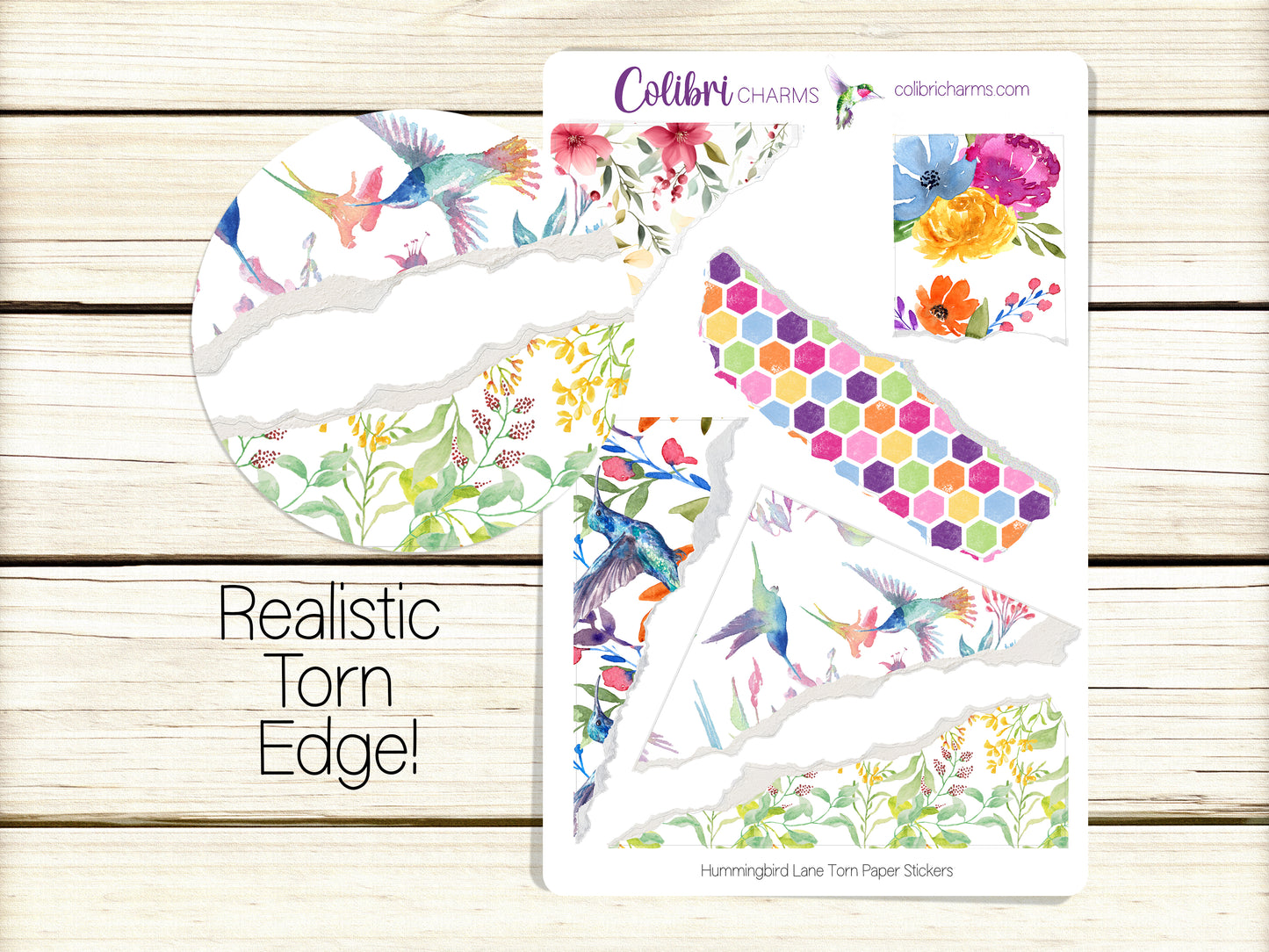 Hummingbird Lane Torn Paper Stickers | Floral Deco Planner Stickers | Distressed Ripped Paper