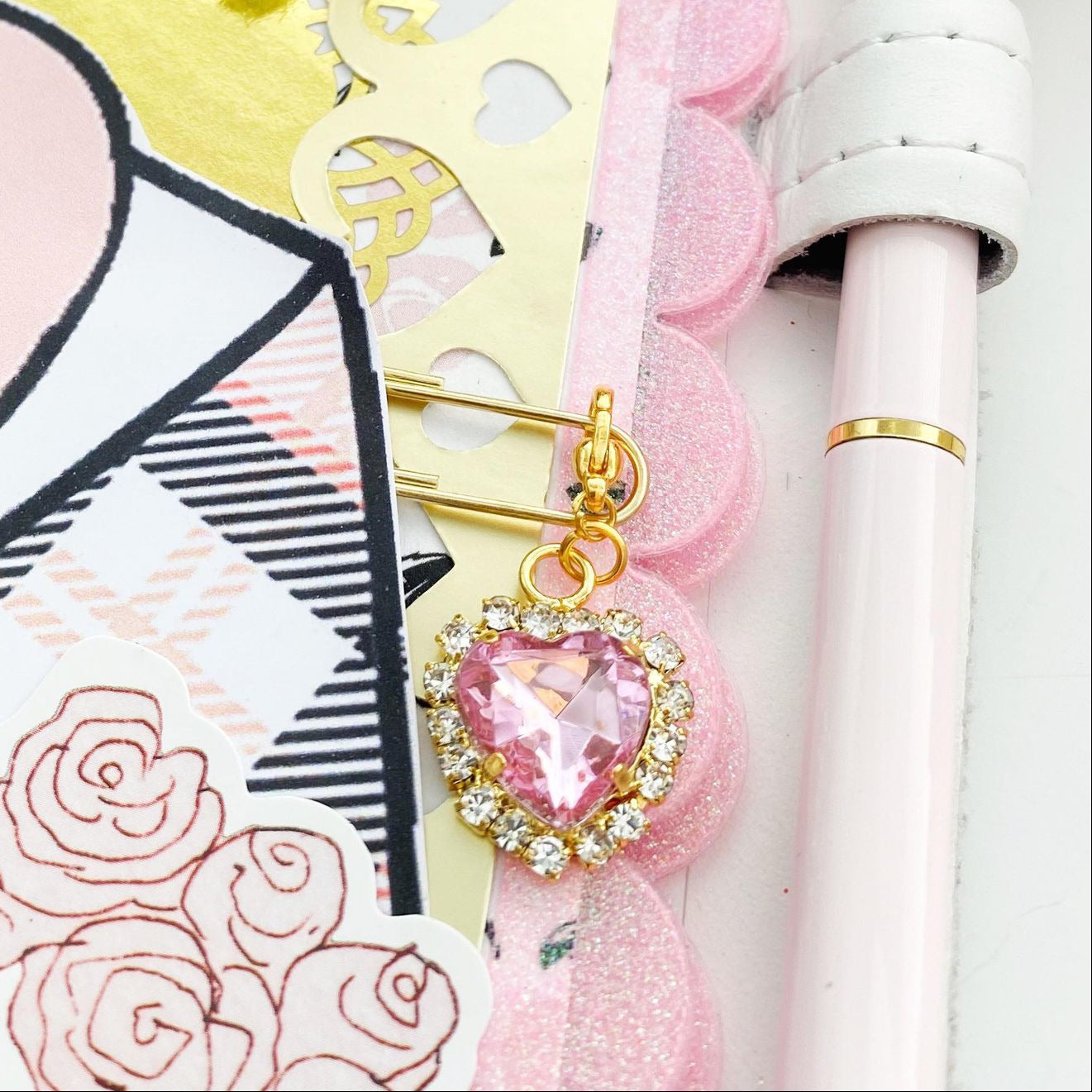 Pink Rhinestone Heart Charm, Valentine Clip, Rhinestone Stitch Marker, Progress Keeper