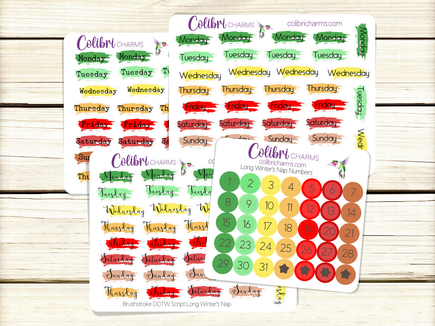 Long Winter's Nap Brushstroke Days of the Week Planner Stickers | Watercolor DOTW Stickers | Number Stickers | Date Dots | Date Stickers