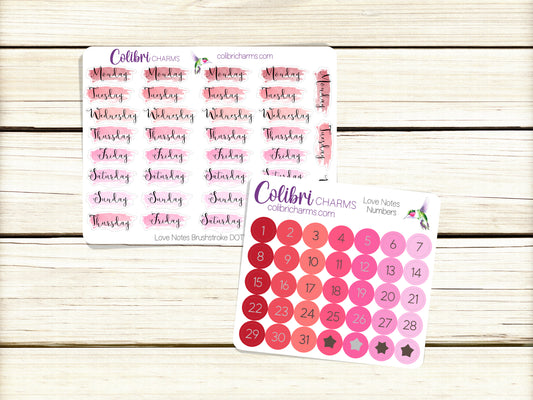 Love Notes Brushstroke Days of the Week Planner Stickers, Pink Valentine Watercolor DOTW, Number Stickers, Date Dots