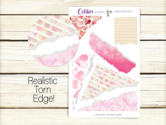 Love Notes Torn Paper Stickers, Valentine's Day Deco Planner Stickers, Distressed Ripped Paper