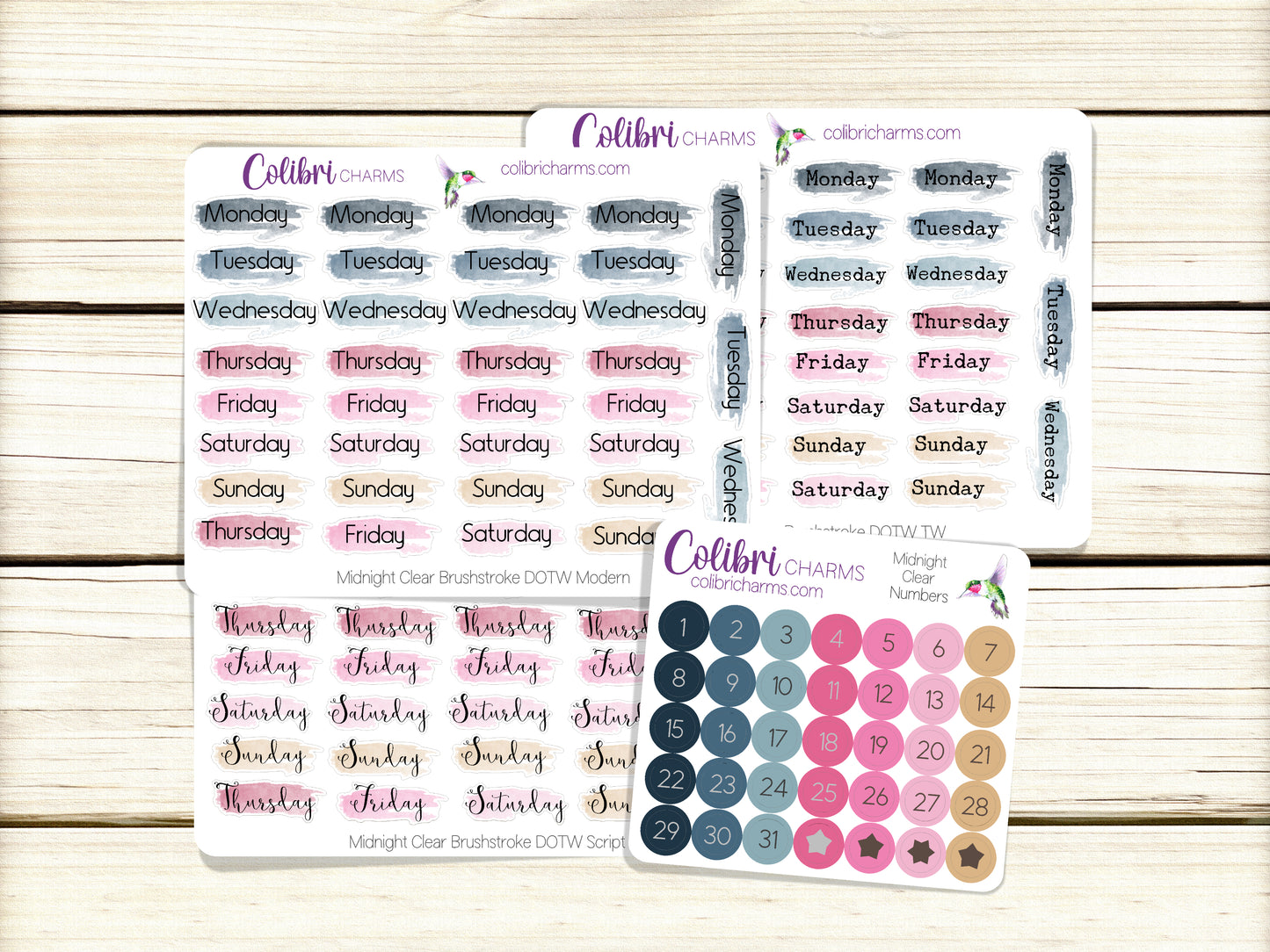 Midnight Clear Brushstroke Days of the Week Planner Stickers, Pink and Navy Watercolor DOTW, Number Stickers, Date Dots