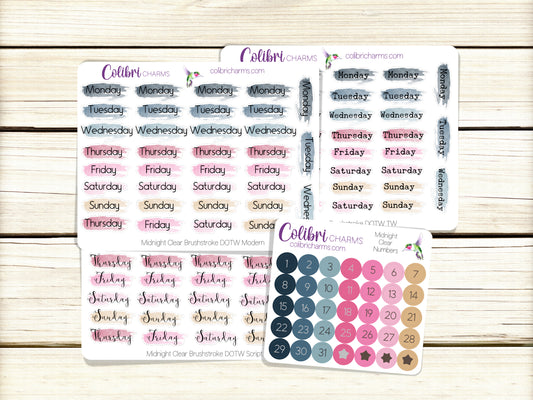 Midnight Clear Brushstroke Days of the Week Planner Stickers, Pink and Navy Watercolor DOTW, Number Stickers, Date Dots