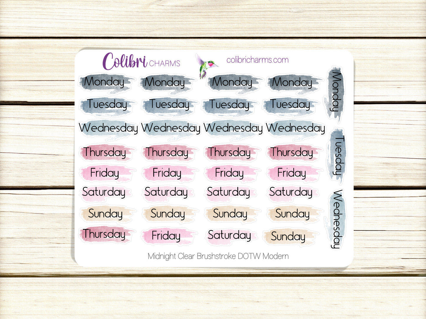 Midnight Clear Brushstroke Days of the Week Planner Stickers, Pink and Navy Watercolor DOTW, Number Stickers, Date Dots
