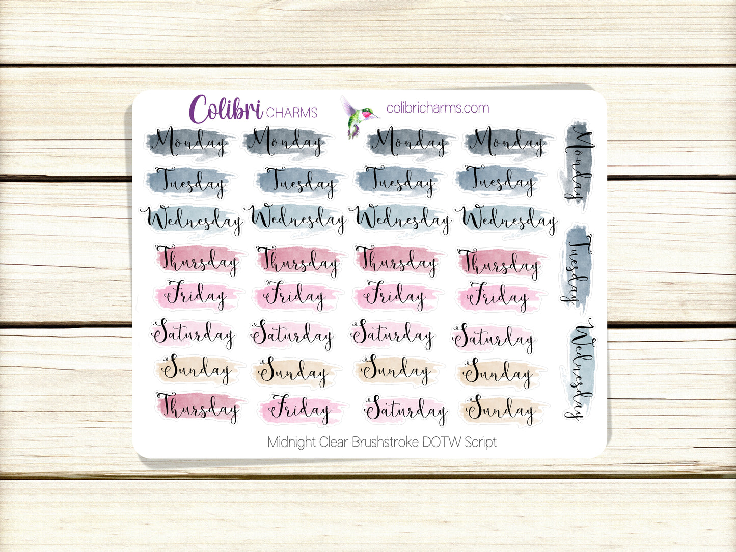 Midnight Clear Brushstroke Days of the Week Planner Stickers, Pink and Navy Watercolor DOTW, Number Stickers, Date Dots