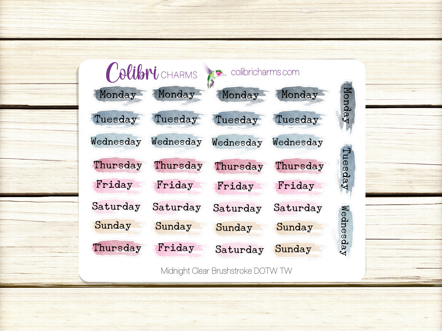 Midnight Clear Brushstroke Days of the Week Planner Stickers, Pink and Navy Watercolor DOTW, Number Stickers, Date Dots