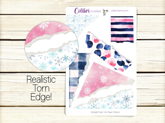 Midnight Clear Torn Paper Stickers, Christmas Deco Planner Stickers, Distressed Ripped Paper