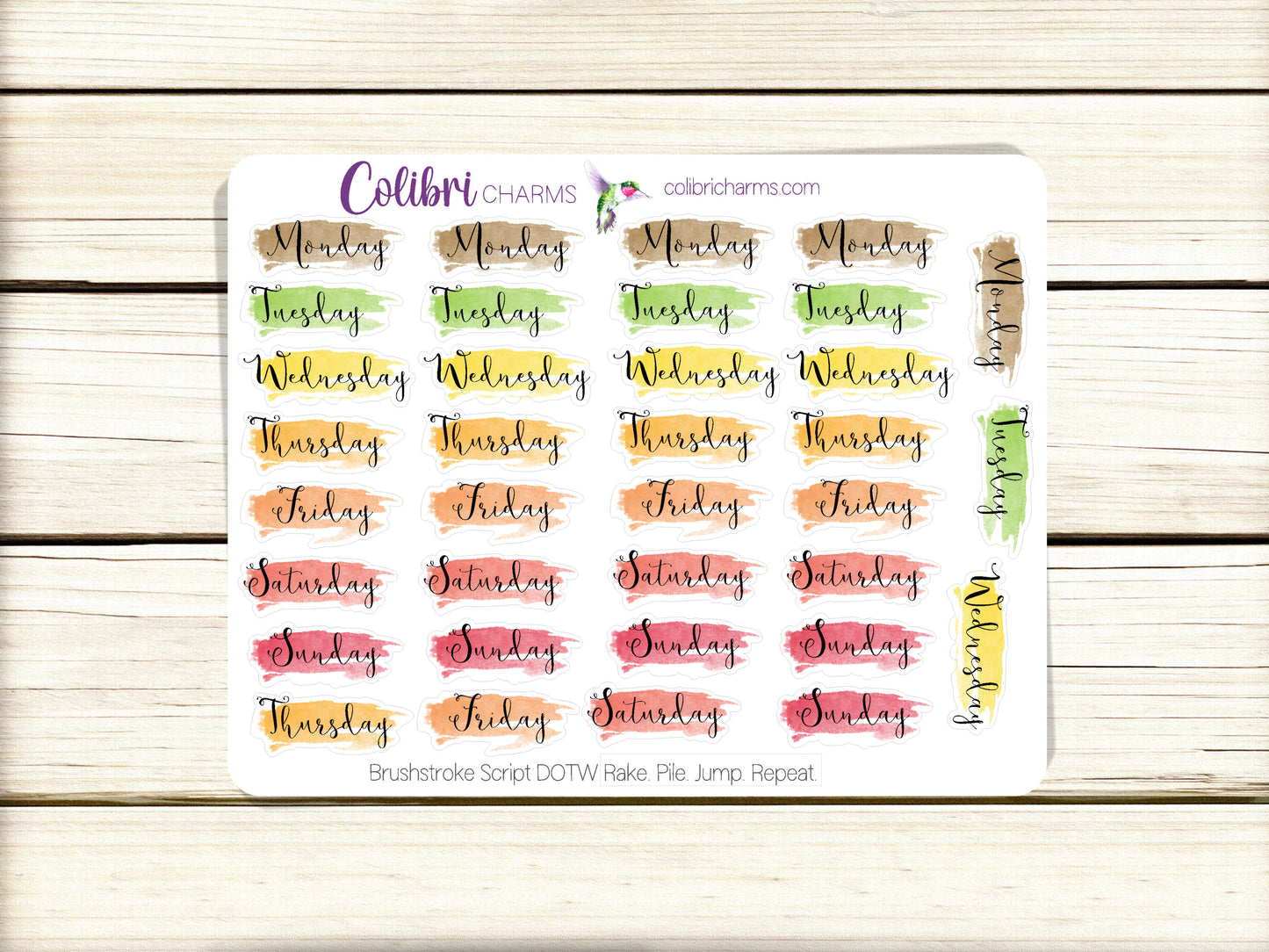 Rake. Pile. Jump. Repeat. Brushstroke Days of the Week Planner Stickers, Colorful Watercolor DOTW, Number Stickers, Date Dots