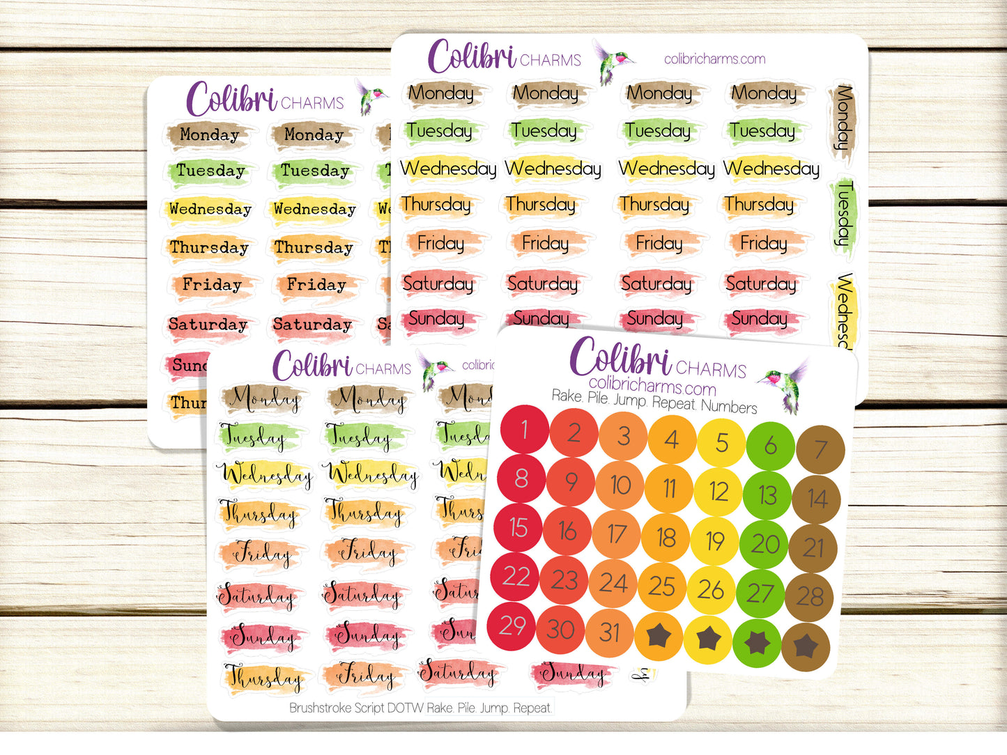 Rake. Pile. Jump. Repeat. Brushstroke Days of the Week Planner Stickers, Colorful Watercolor DOTW, Number Stickers, Date Dots