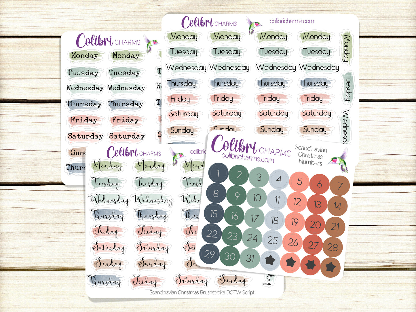 Scandinavian Christmas  Brushstroke Days of the Week Planner Stickers, Colorful Watercolor DOTW, Number Stickers, Date Dots