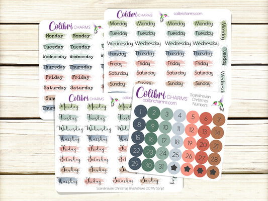 Scandinavian Christmas  Brushstroke Days of the Week Planner Stickers, Colorful Watercolor DOTW, Number Stickers, Date Dots