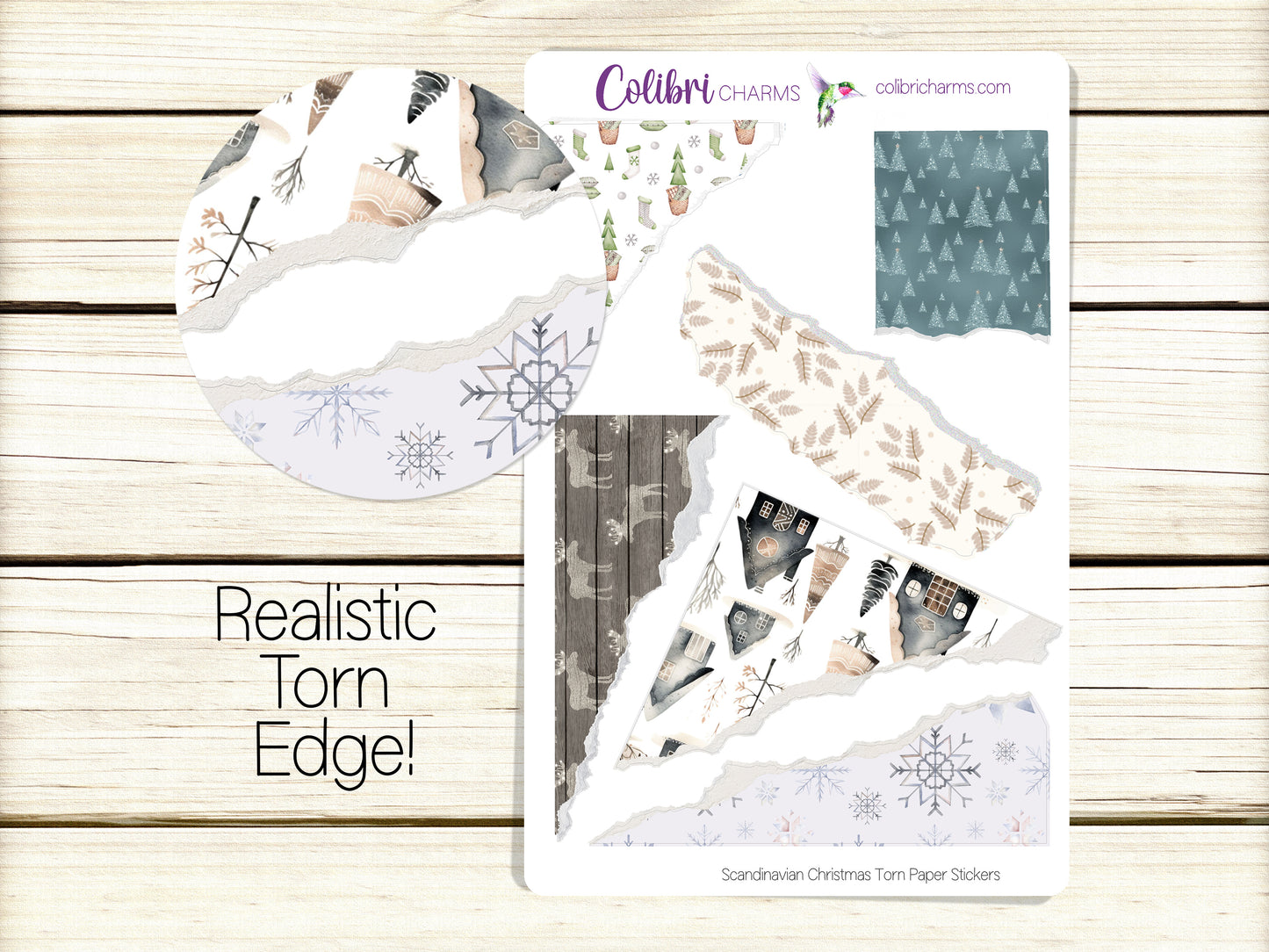 Scandinavian Christmas Torn Paper Stickers | Nordic Holiday Deco Planner Stickers | Distressed Ripped Paper