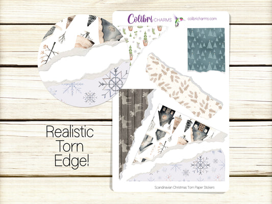 Scandinavian Christmas Torn Paper Stickers | Nordic Holiday Deco Planner Stickers | Distressed Ripped Paper