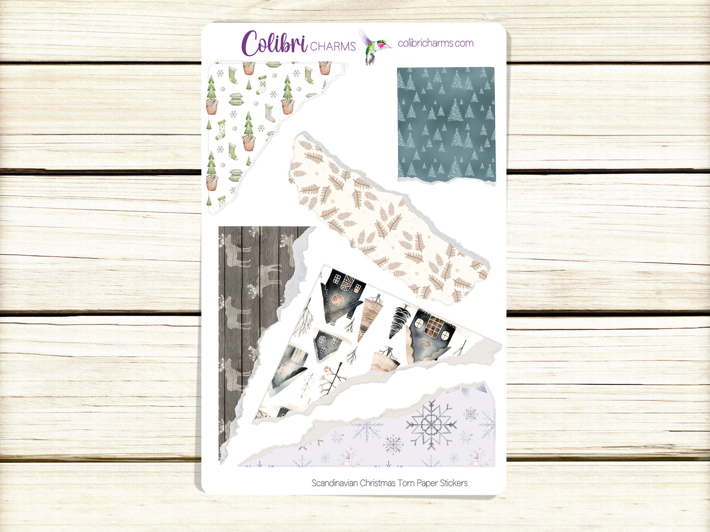 Scandinavian Christmas Torn Paper Stickers | Nordic Holiday Deco Planner Stickers | Distressed Ripped Paper