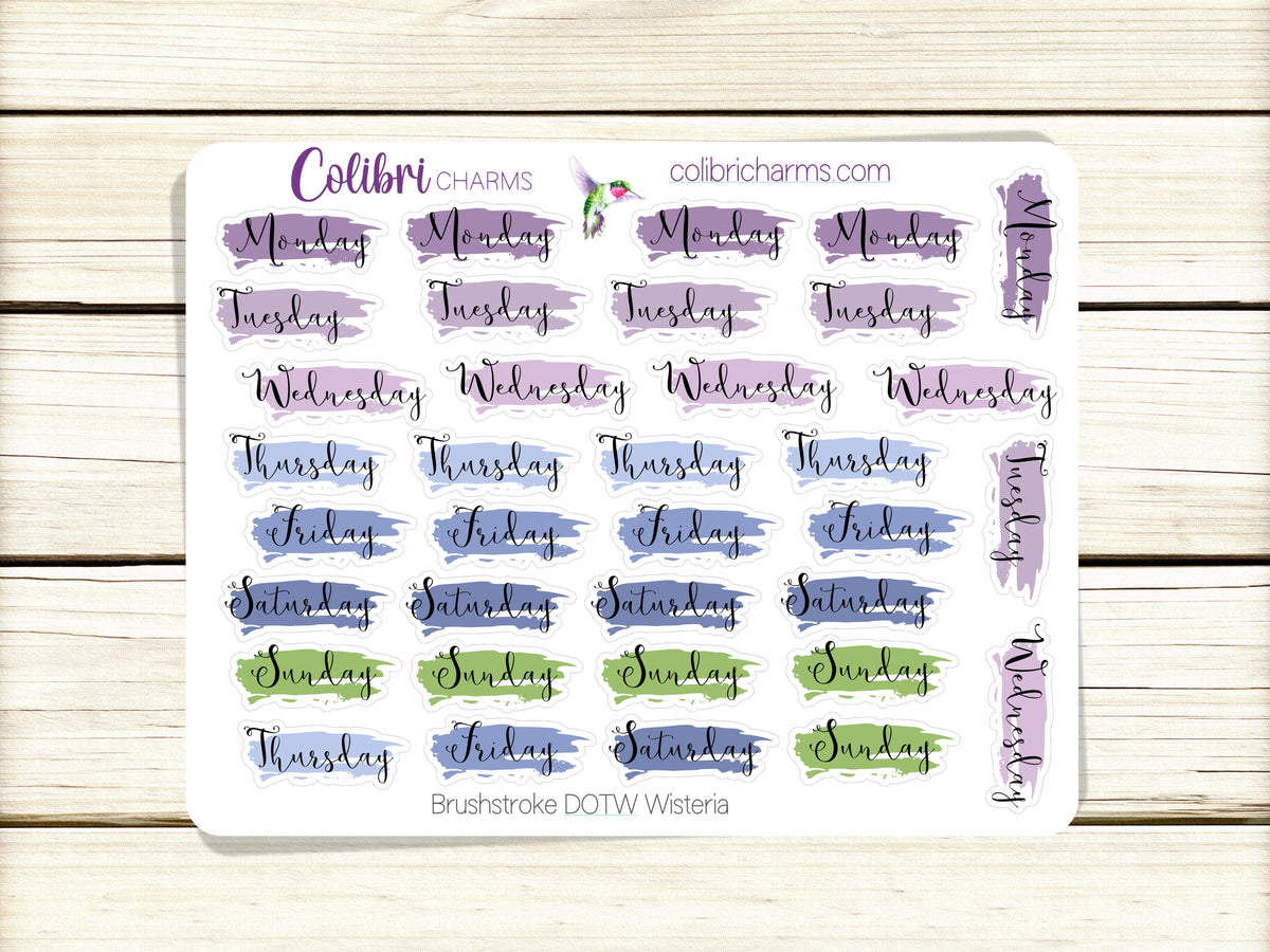 Brushstroke Days of the Week Planner Stickers in Wisteria | Watercolor DOTW Stickers | Script Daily Stickers | Date Dots | Date Stickers