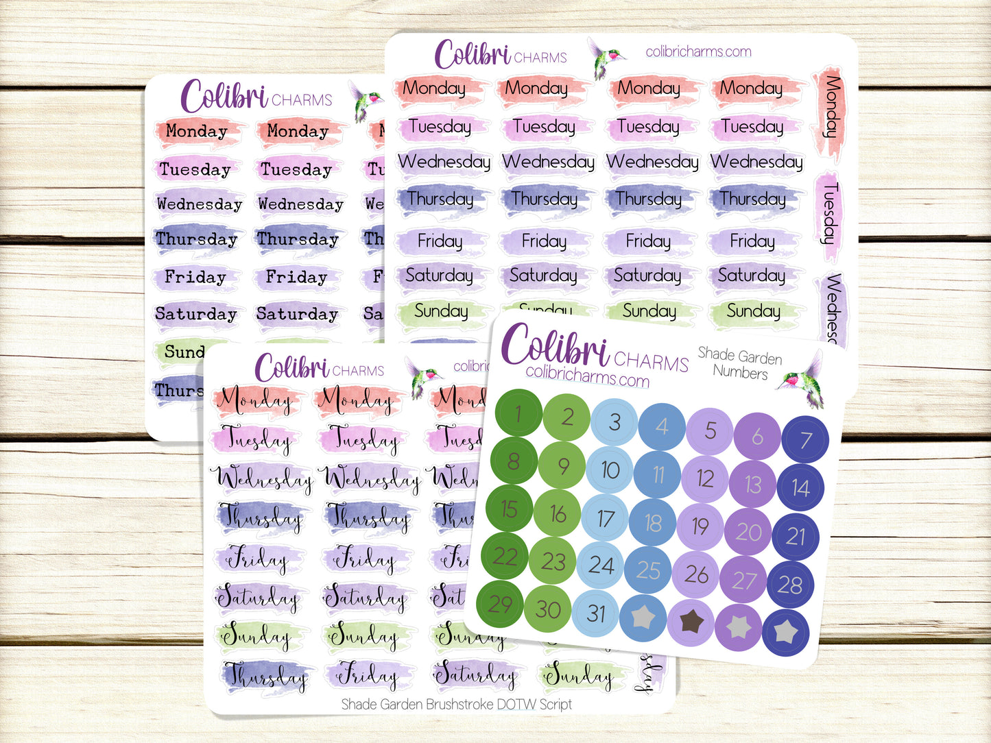 Shade Garden Brushstroke Days of the Week Planner Stickers, Colorful Watercolor DOTW, Number Stickers, Date Dots