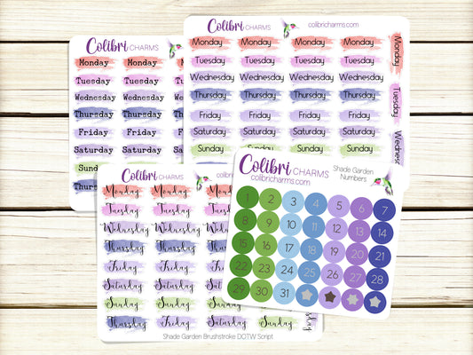 Shade Garden Brushstroke Days of the Week Planner Stickers, Colorful Watercolor DOTW, Number Stickers, Date Dots
