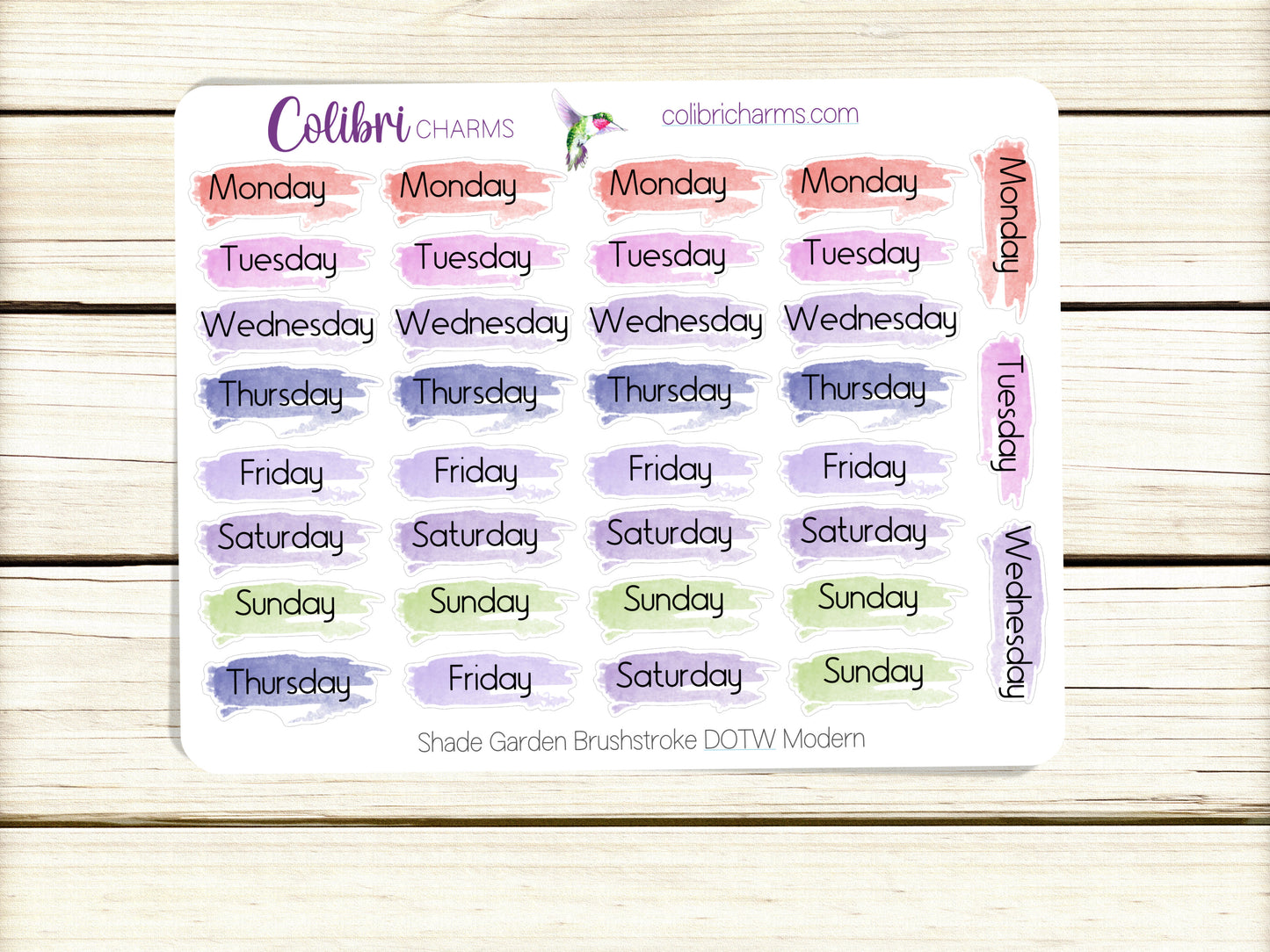 Shade Garden Brushstroke Days of the Week Planner Stickers, Colorful Watercolor DOTW, Number Stickers, Date Dots
