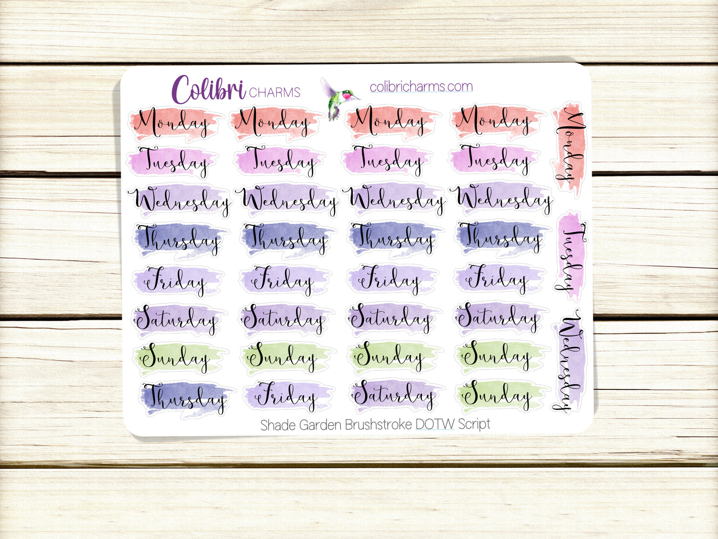 Shade Garden Brushstroke Days of the Week Planner Stickers, Colorful Watercolor DOTW, Number Stickers, Date Dots