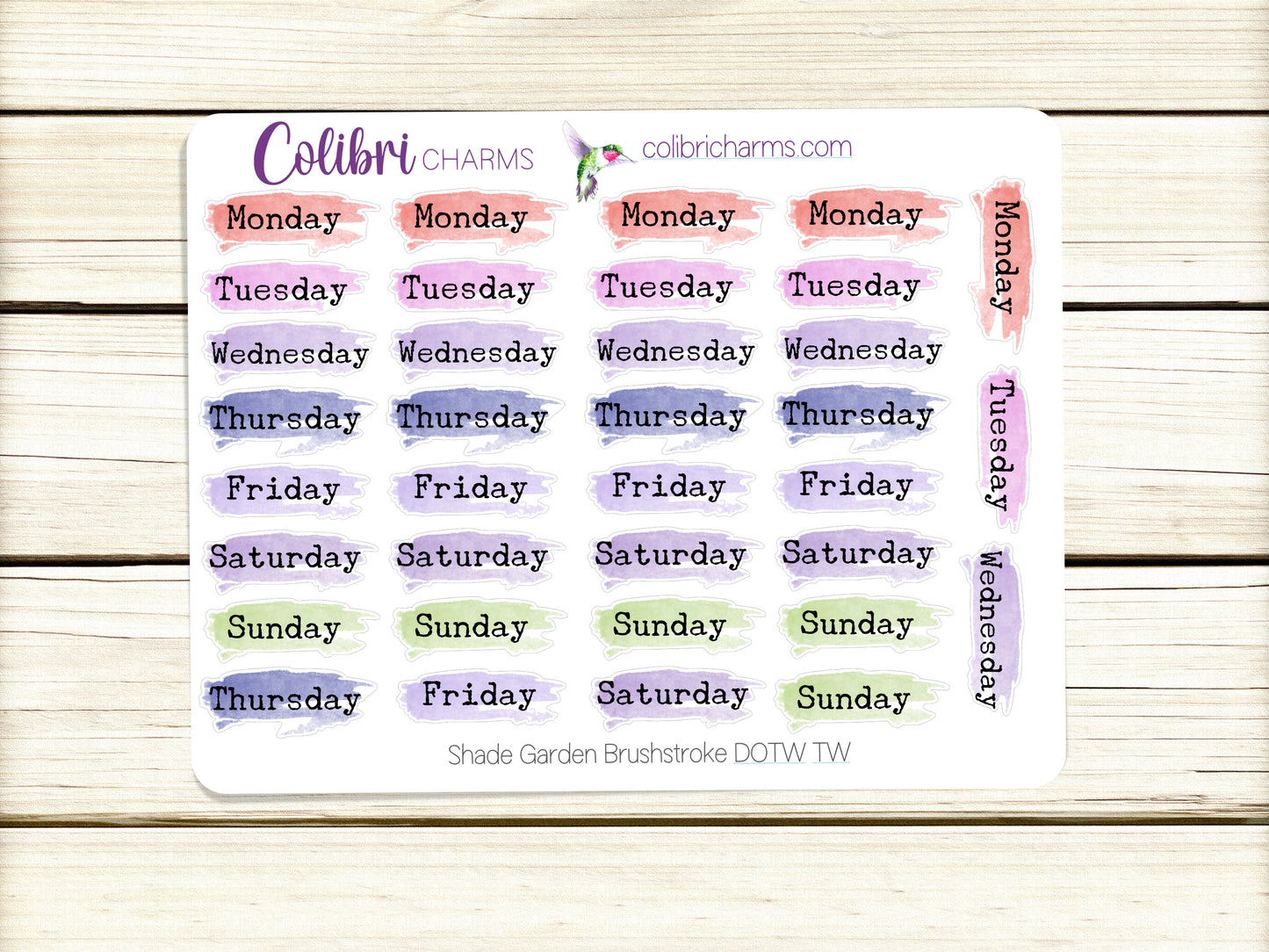 Shade Garden Brushstroke Days of the Week Planner Stickers, Colorful Watercolor DOTW, Number Stickers, Date Dots