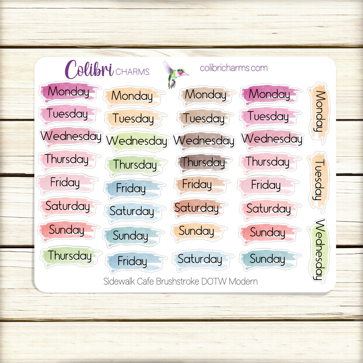 Sidewalk Cafe Brushstroke Days of the Week Planner Stickers | Colorful Watercolor DOTW | Number Stickers | Date Dots