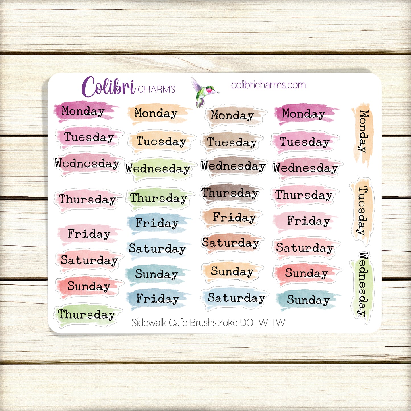 Sidewalk Cafe Brushstroke Days of the Week Planner Stickers | Colorful Watercolor DOTW | Number Stickers | Date Dots