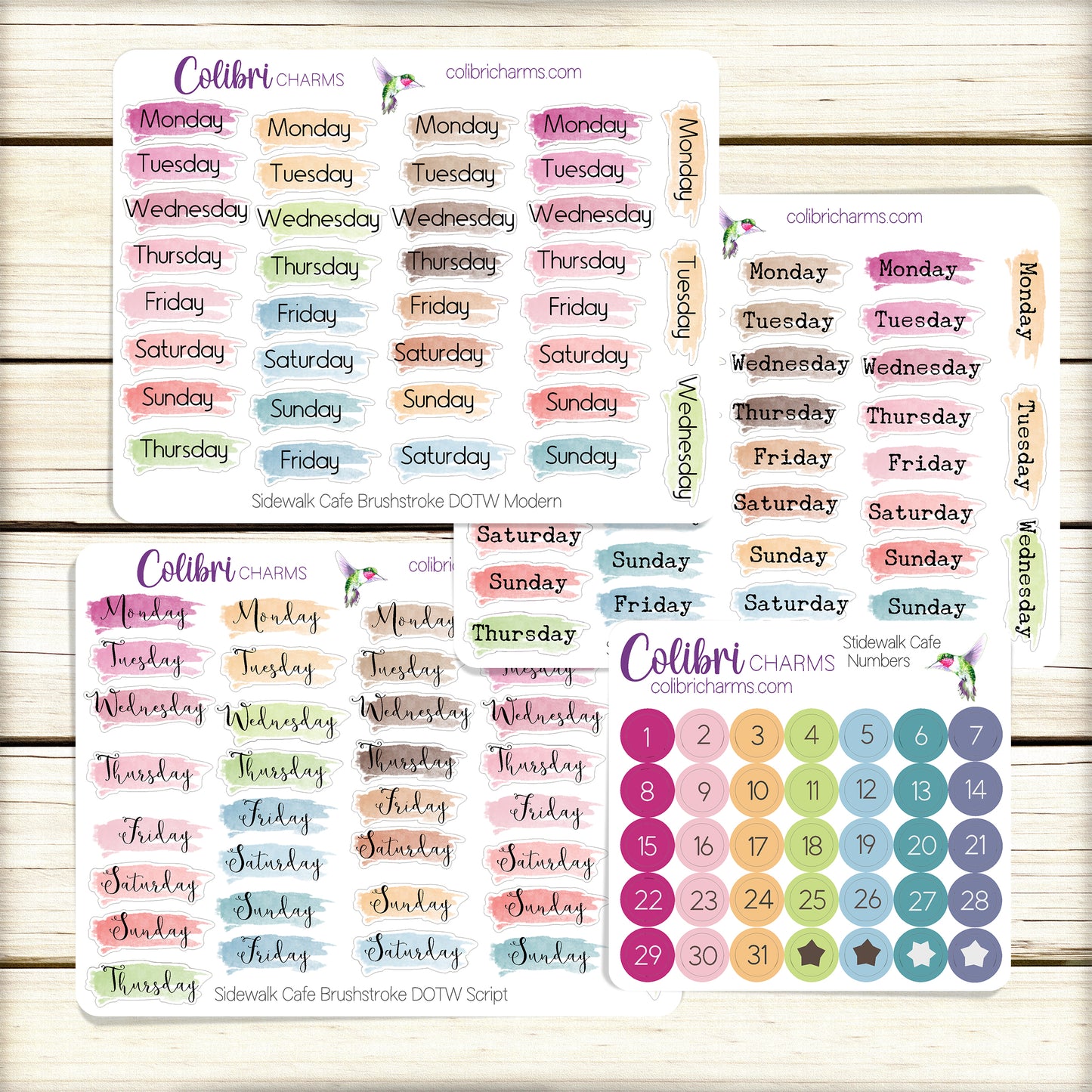 Sidewalk Cafe Brushstroke Days of the Week Planner Stickers | Colorful Watercolor DOTW | Number Stickers | Date Dots