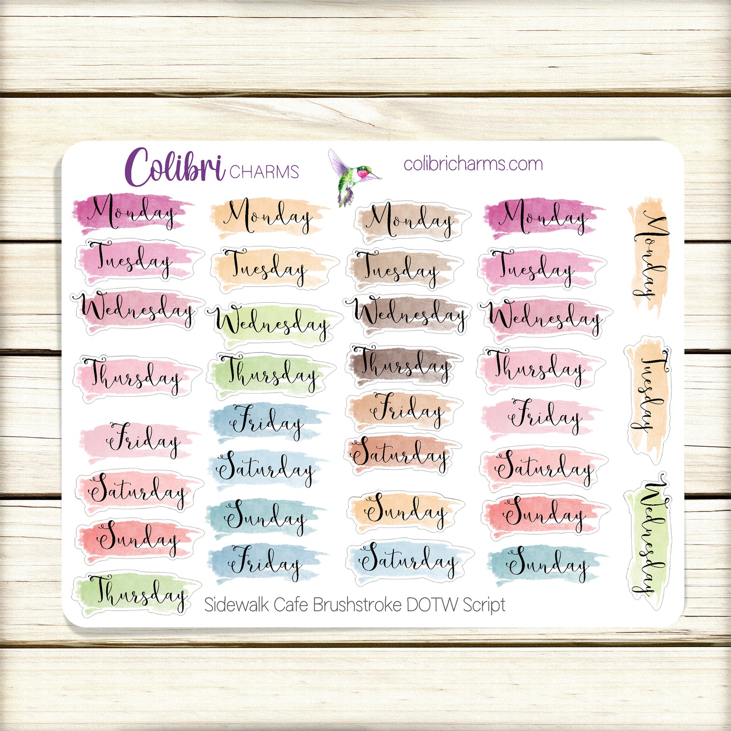 Sidewalk Cafe Brushstroke Days of the Week Planner Stickers | Colorful Watercolor DOTW | Number Stickers | Date Dots