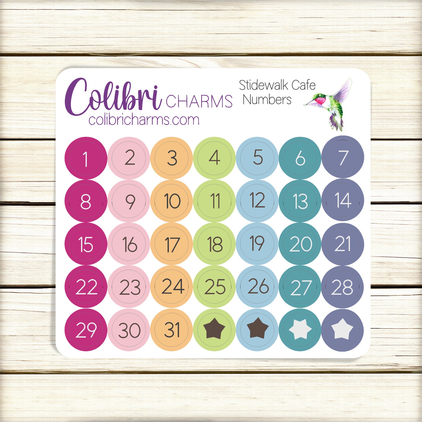 Sidewalk Cafe Brushstroke Days of the Week Planner Stickers | Colorful Watercolor DOTW | Number Stickers | Date Dots