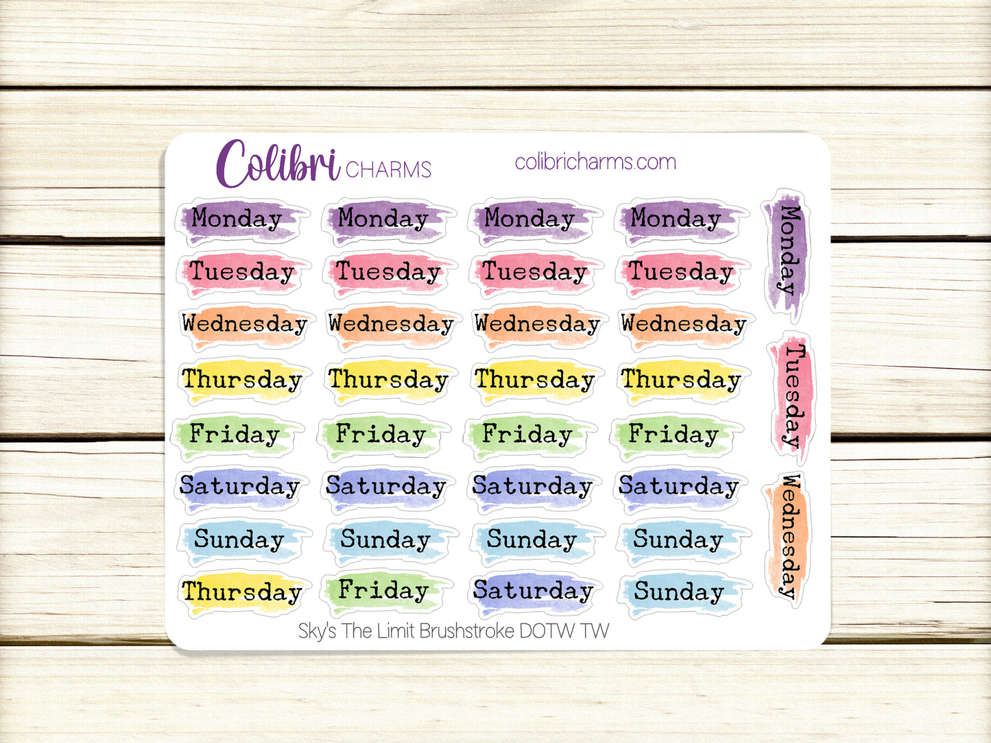 Sky's The Limit Brushstroke Days of the Week Planner Stickers | Colorful Watercolor DOTW | Number Stickers | Date Dots