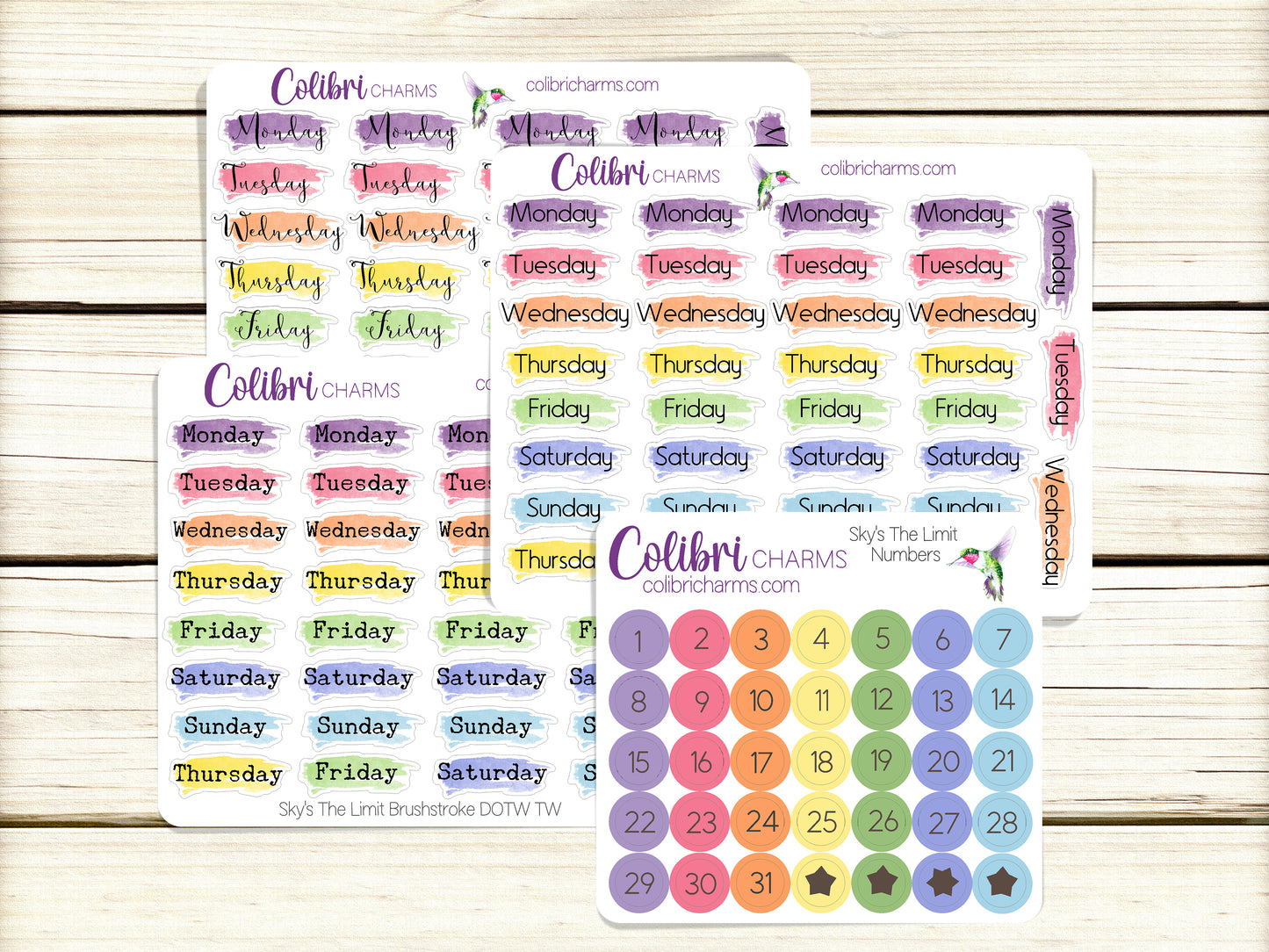 Sky's The Limit Brushstroke Days of the Week Planner Stickers | Colorful Watercolor DOTW | Number Stickers | Date Dots