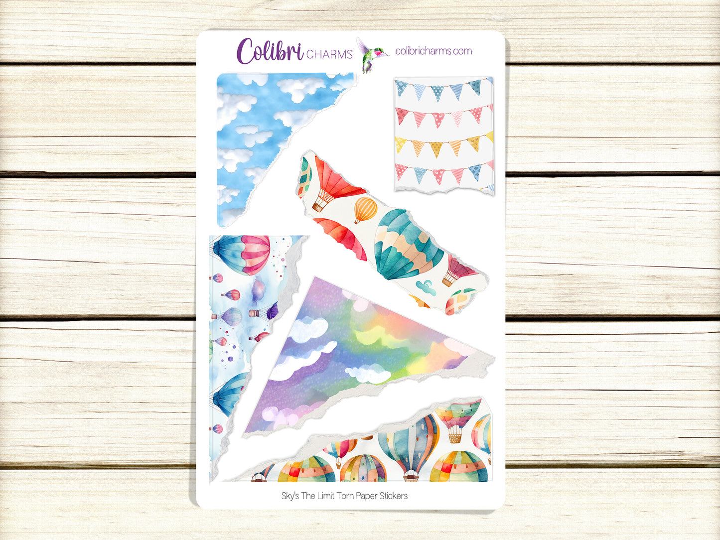 Sky's The Limit Torn Paper Stickers | Hot Air Balloon Deco Planner Stickers | Clouds Distressed Ripped Paper