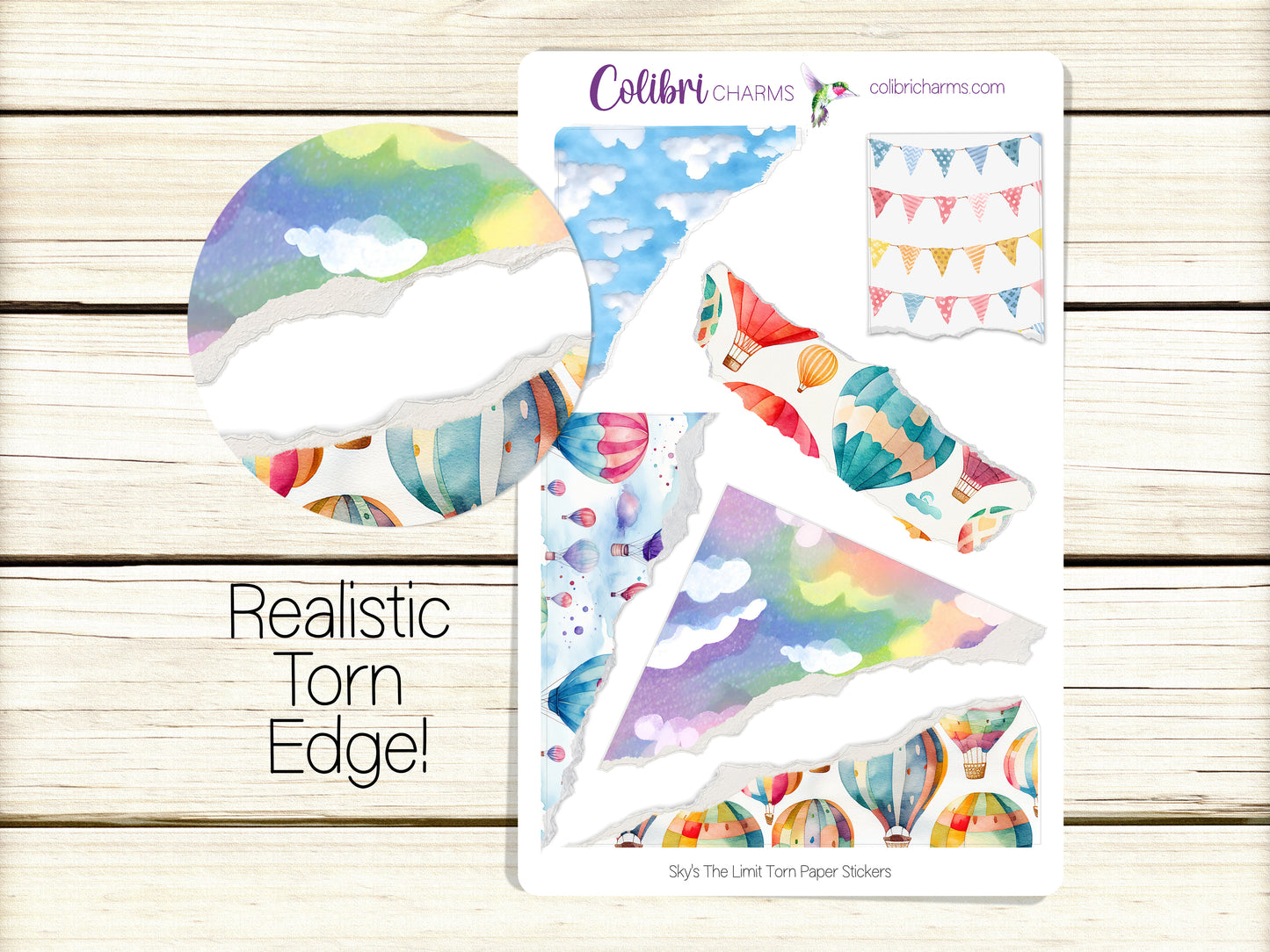 Sky's The Limit Torn Paper Stickers | Hot Air Balloon Deco Planner Stickers | Clouds Distressed Ripped Paper