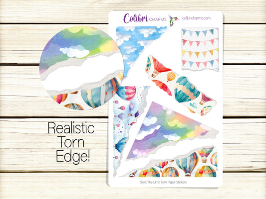 Sky's The Limit Torn Paper Stickers | Hot Air Balloon Deco Planner Stickers | Clouds Distressed Ripped Paper