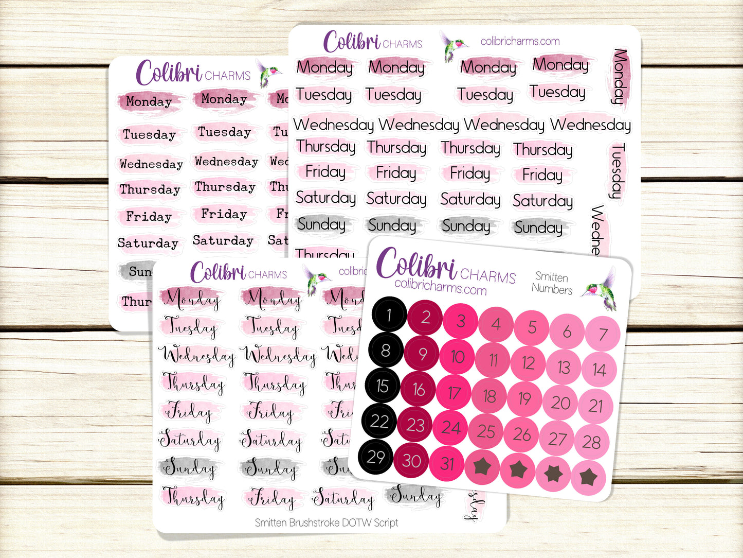 Smitten Brushstroke Days of the Week Planner Stickers, Pink and Black Watercolor DOTW, Number Stickers, Date Dots