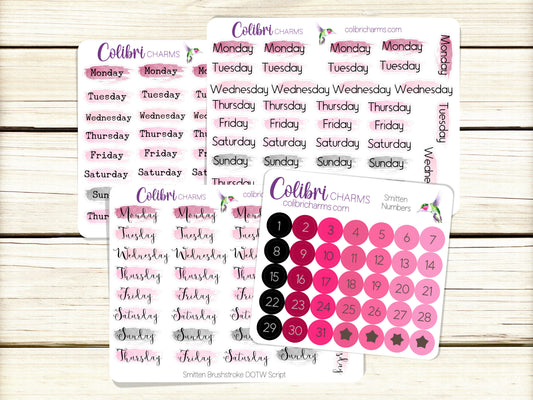Smitten Brushstroke Days of the Week Planner Stickers, Pink and Black Watercolor DOTW, Number Stickers, Date Dots