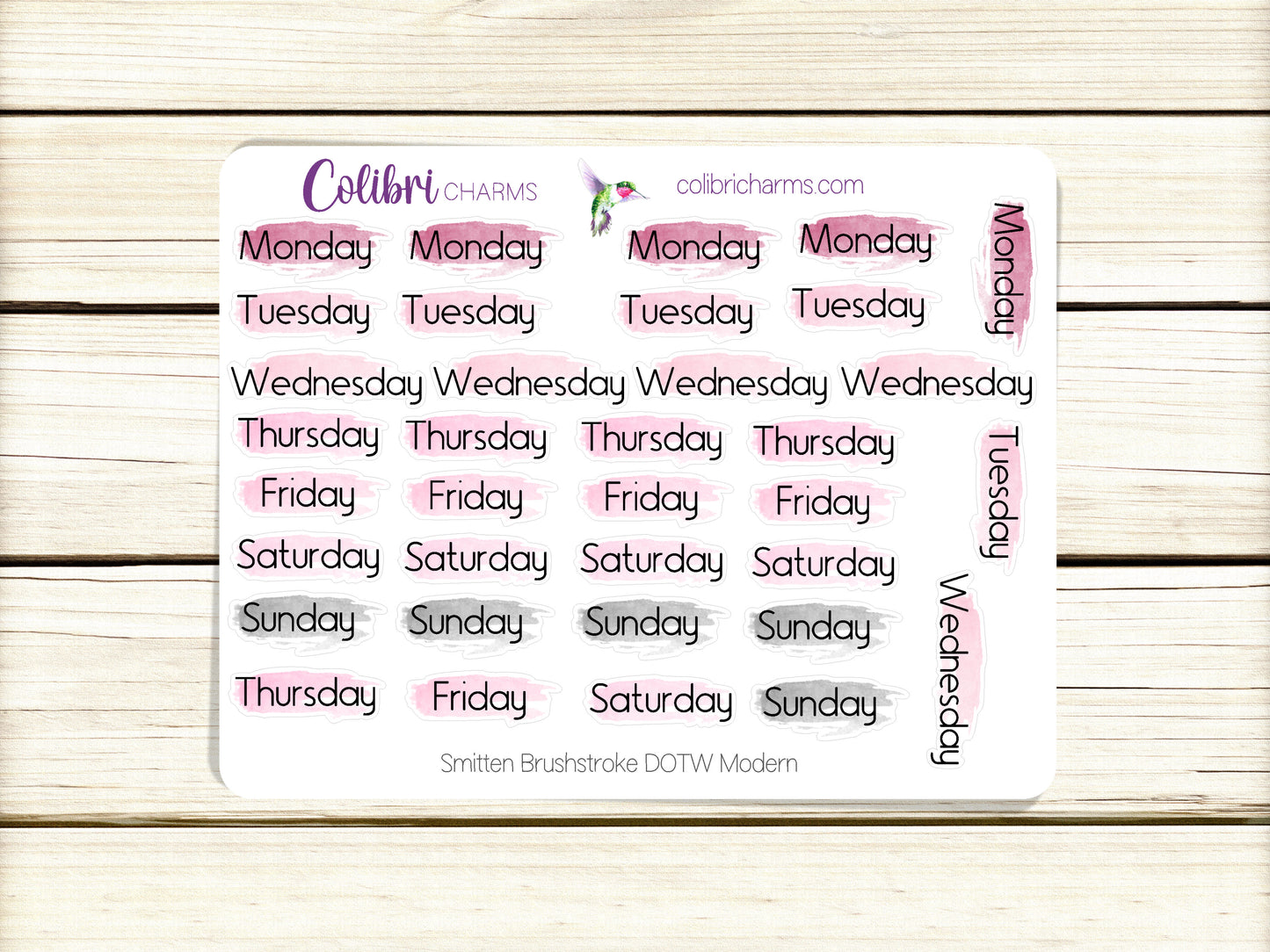 Smitten Brushstroke Days of the Week Planner Stickers, Pink and Black Watercolor DOTW, Number Stickers, Date Dots