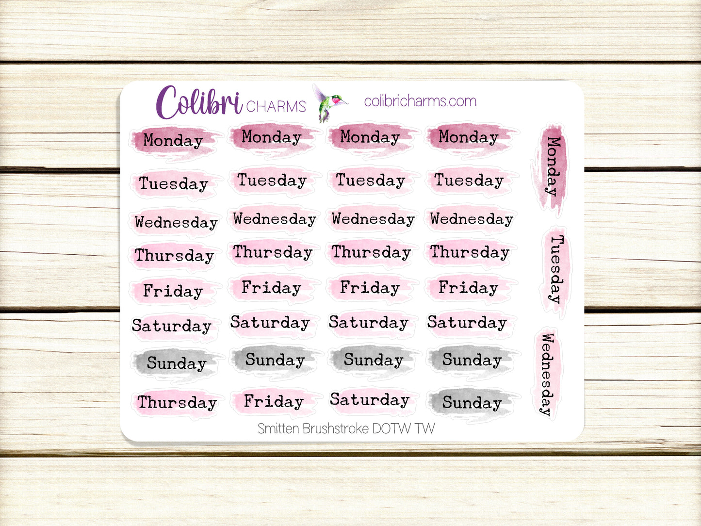 Smitten Brushstroke Days of the Week Planner Stickers, Pink and Black Watercolor DOTW, Number Stickers, Date Dots