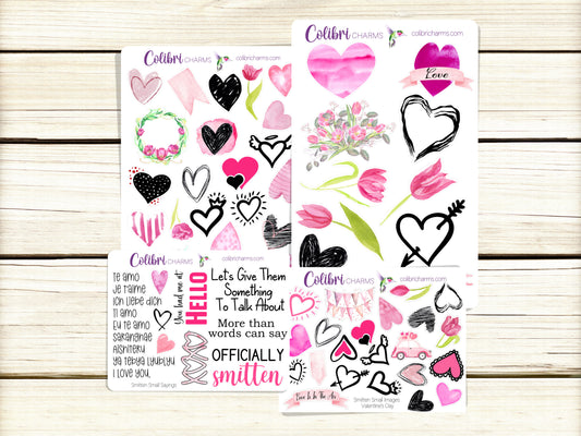 Smitten Planner Stickers, Valentine Deco Stickers, Pink and Black Kit