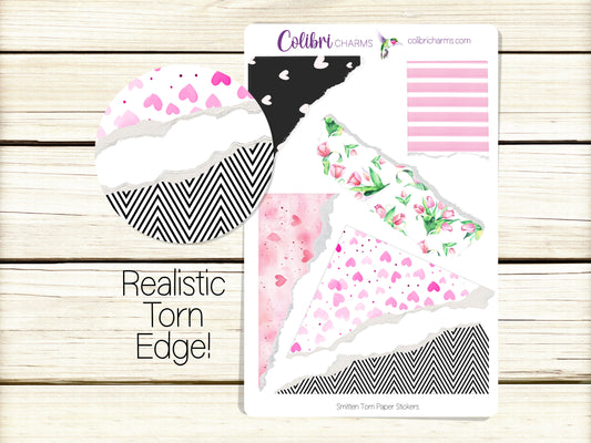 Smitten Torn Paper Stickers, Valentine Deco Planner Stickers, Distressed Ripped Paper