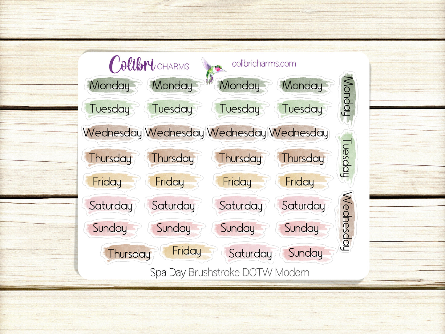 Spa Day Brushstroke Days of the Week Planner Stickers | Colorful Watercolor DOTW | Number Stickers | Date Dots