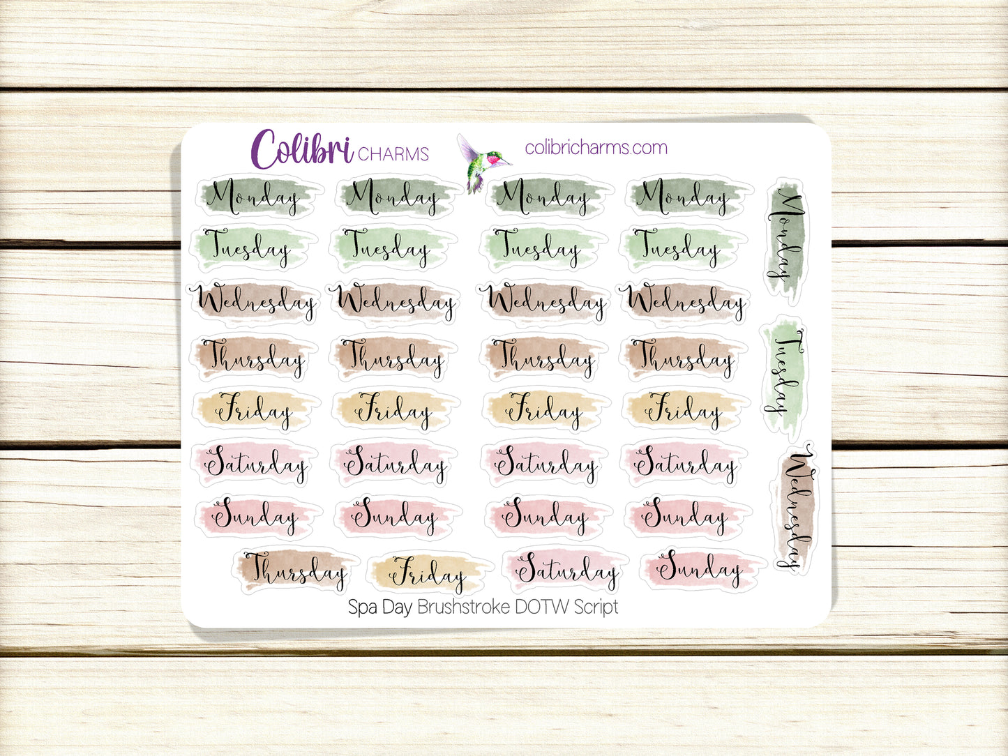 Spa Day Brushstroke Days of the Week Planner Stickers | Colorful Watercolor DOTW | Number Stickers | Date Dots