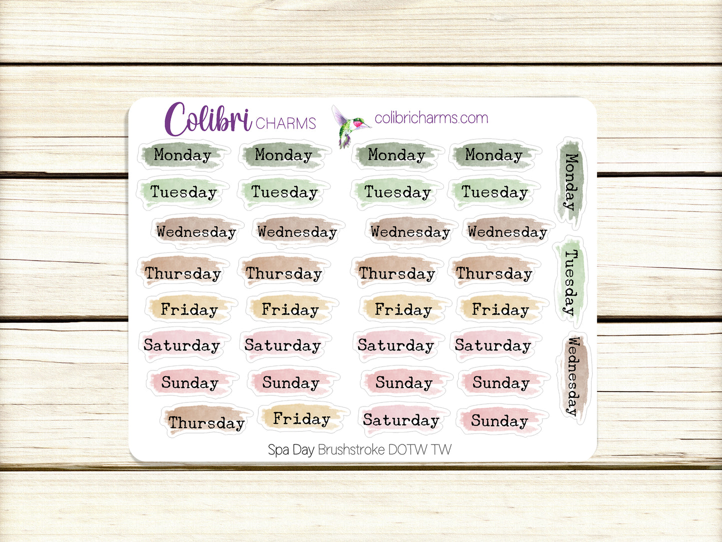 Spa Day Brushstroke Days of the Week Planner Stickers | Colorful Watercolor DOTW | Number Stickers | Date Dots